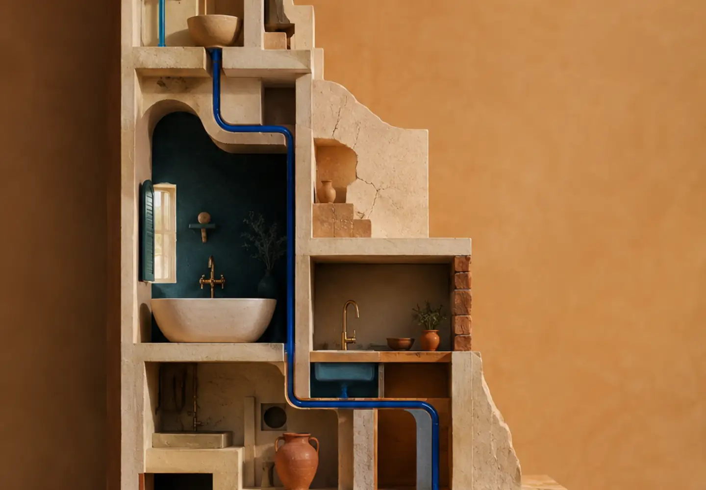 Sección vertical de una casa mediterránea modelada en yeso con una tubería azul que conecta sus plantas